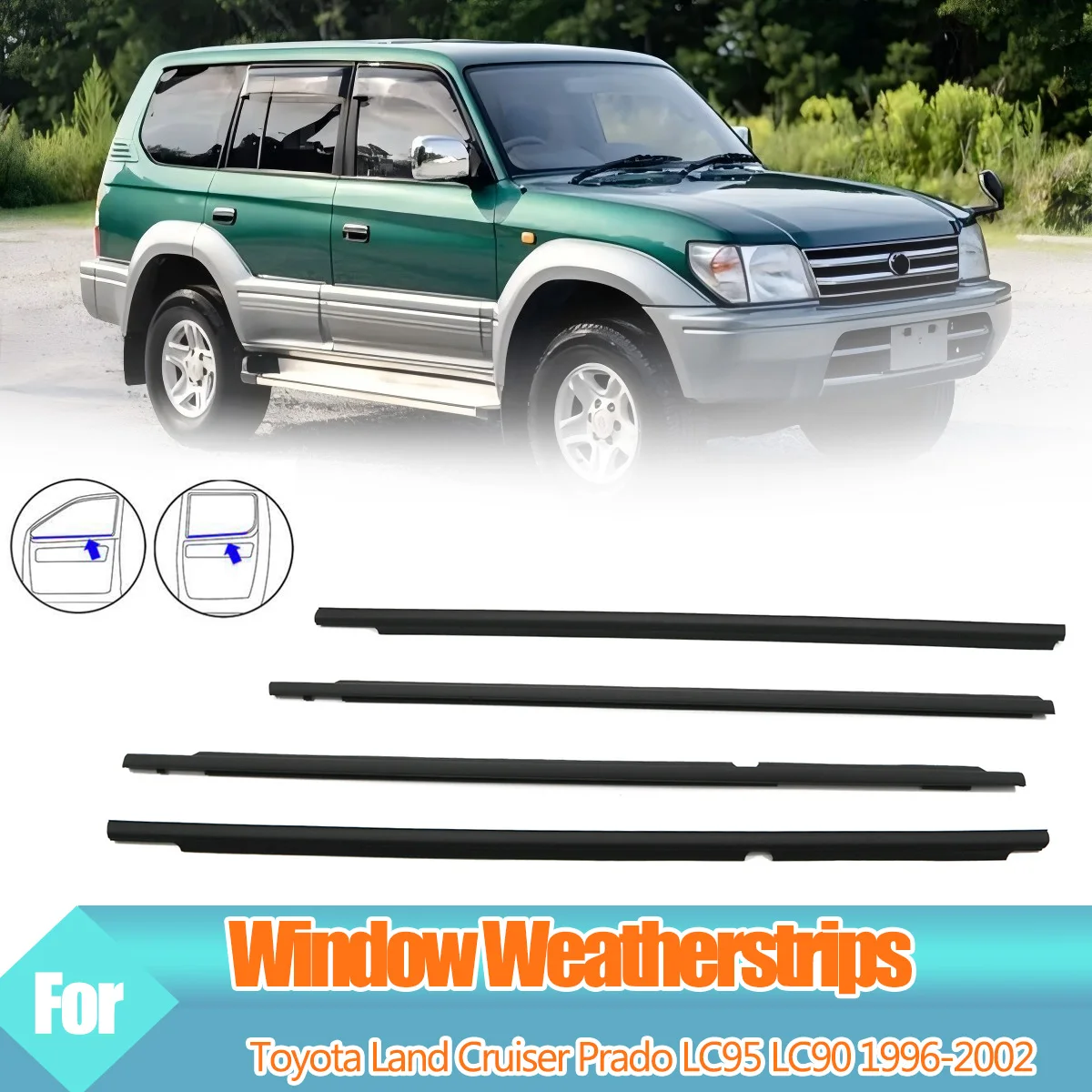 Per Toyota Land Cruiser Prado LC95 LC90 1996-2002 4PCS Auto Finestre Esterne Guarnizione In Gomma Striscia di Tenuta Cintura Modanatura Trim