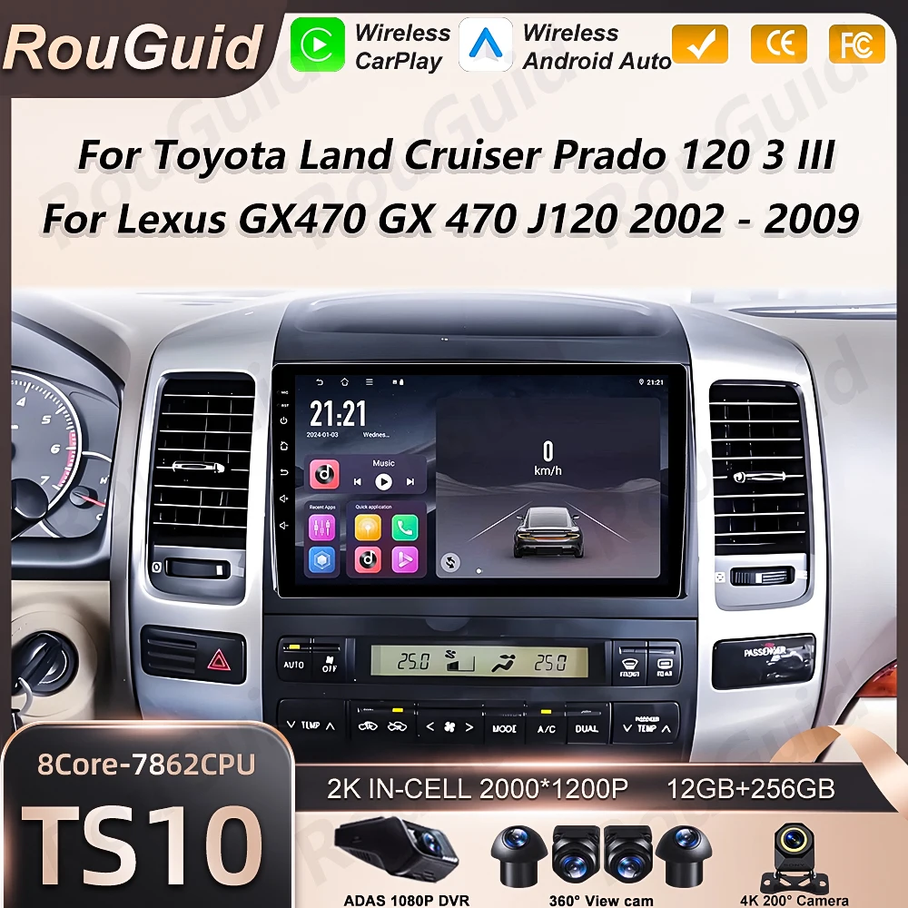 Autoradio Android Auto per Toyota Land Cruiser Prado 120 3 per Lexus GX470 GX 470 J120 2002-2009 Carplay Multimedia GPS Schermo