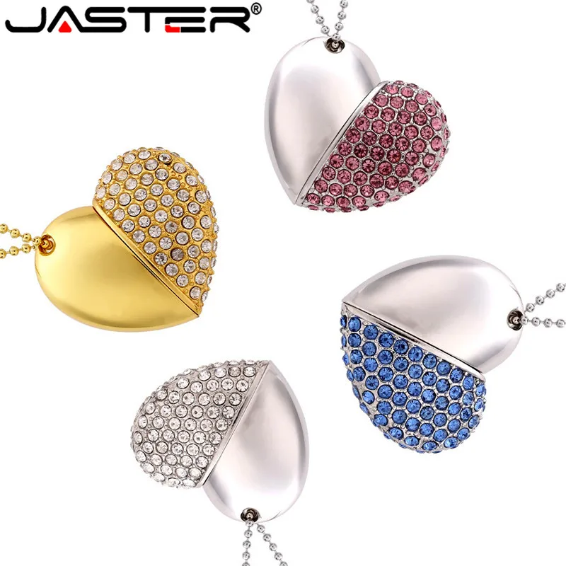 JASTER Metalldiamant Liebe Herzform USB-Flash-Laufwerke Herzen mit Kette Pendrive 4 GB 8 GB 16 GB 32 GB 64 GB Halskette Memory Stick Image