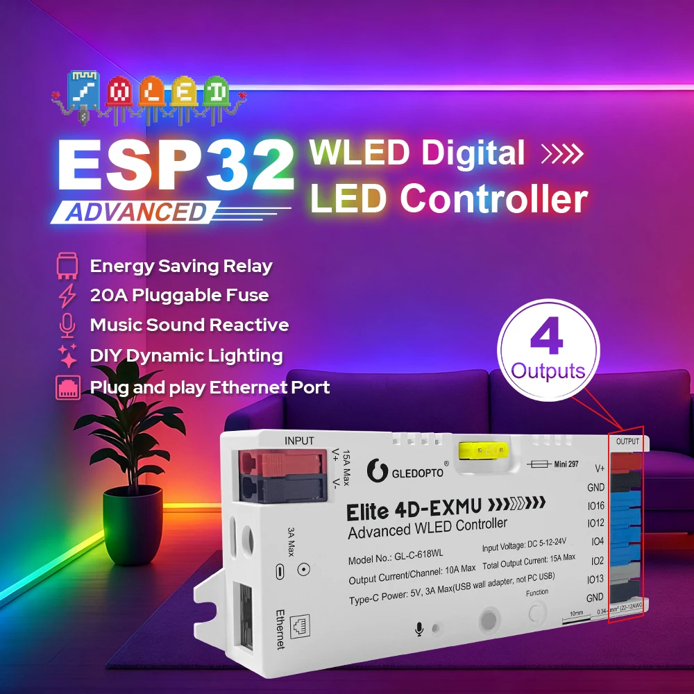 GLEDOPTO ESP32 WLED LED-Streifenlicht-Controller mit 4 Ausgängen, Ethernet-Mikrofon, UART, energiesparendes Relais, 20 A steckbare Sicherung Image