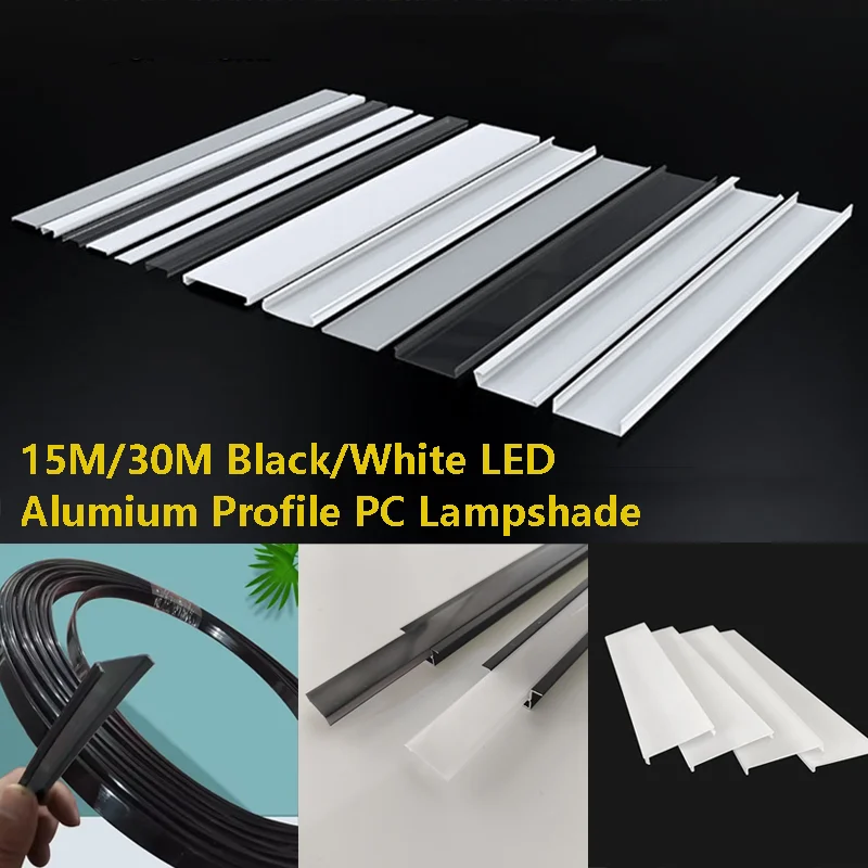 Schwarz/weißes LED-Aluminiumprofil, PC-Lampenschirm, Kleiderschrank, Schrankbeleuchtung, hartes Streifenlicht, austauschbare Abdeckung, diffuser Kanal, 15 m/30 m