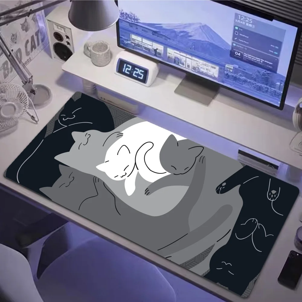 Schwarzes Katzenpflanzen-Mauspad mit Verriegelungskante, Tischtastatur, rutschfestes Mauspad, Computerzubehör, niedliche Katze, Schreibtischunterlage, 1000 x 500 Image