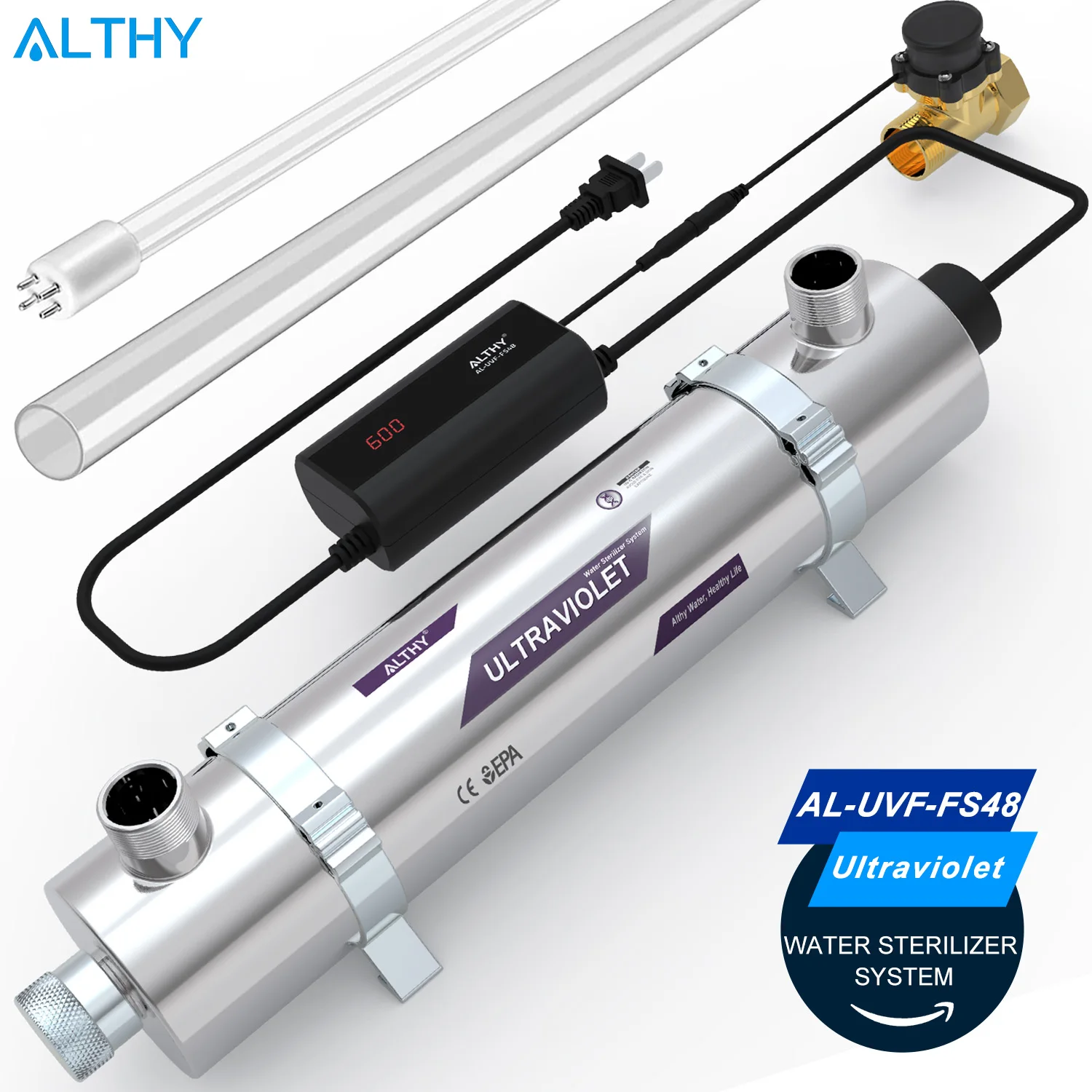 ALTHY UV-UV-Wassersterilisatorsystem für das ganze Haus, Filterreiniger + intelligenter Durchflusskontrollschalter, Edelstahl, 12 GPM Image