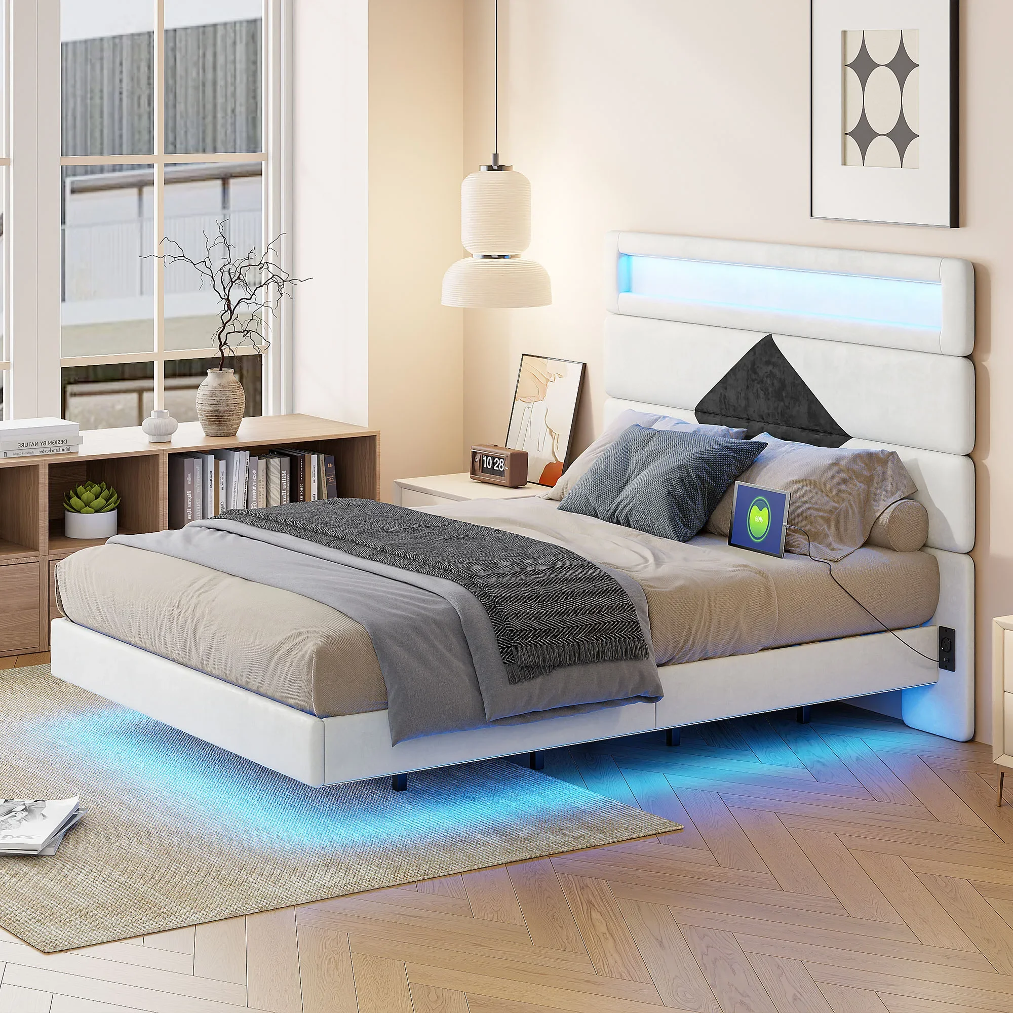 Comanlai schwebendes Doppelbett, samtgepolsterter Rahmen mit verstellbarem Kopfteil, LED-Beleuchtung und USB-Ladeanschluss Image