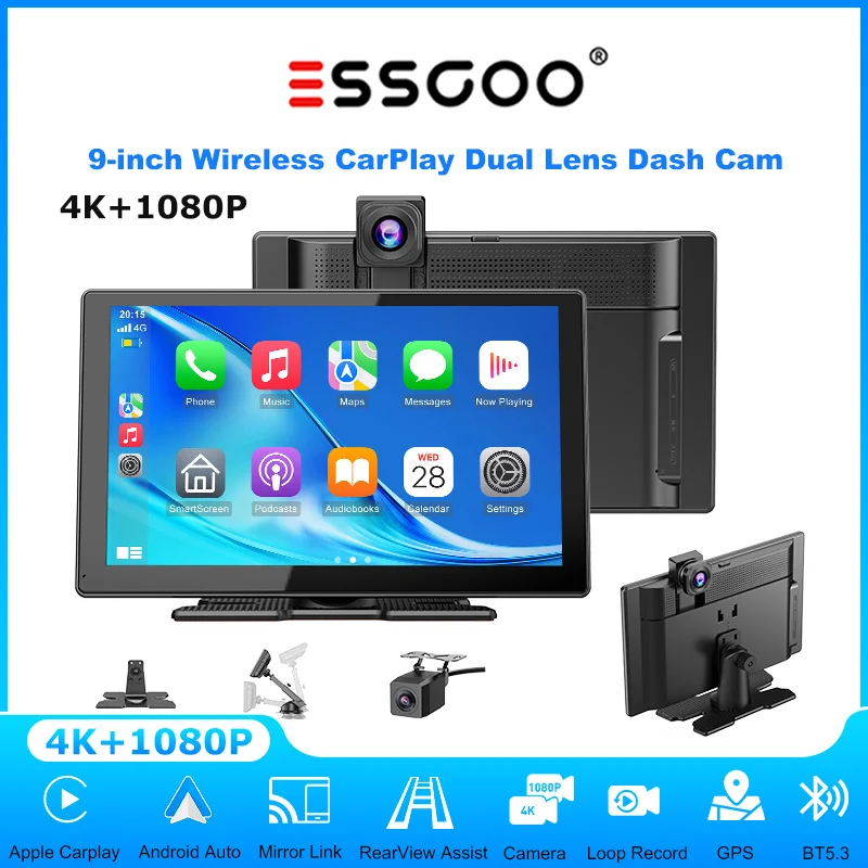 Universelle tragbare Anzeige ESSGOO 9" CarPlay Echte 4K Frontkamera & 1080p Heckkamera Autoradio für LKW Android Auto AUX FM USB Bluetooth Lenkradsteuerung Mirror Link Touchscreen Image