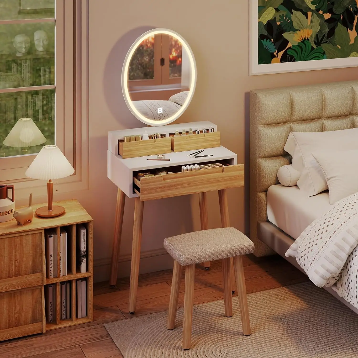Schminktisch mit LED-Beleuchtung und Spiegel, Schminktisch, Kosmetiktisch mit 3 Schubladen, Hocker, einstellbare Helligkeit, 60 cm