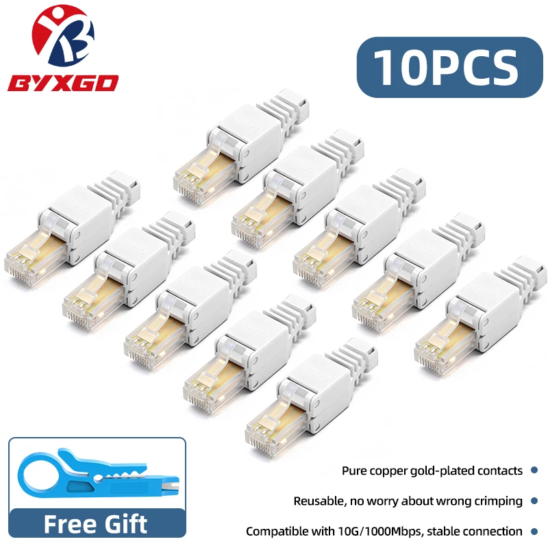 BYXGD Wiederverwendbare werkzeuglose RJ45-Steckverbinder, Cat5e Cat6a Cat7 geschirmter Metallstecker, 100Mbps 1000Mbps 10Gbps Ethernet-Kabelverbinder Image