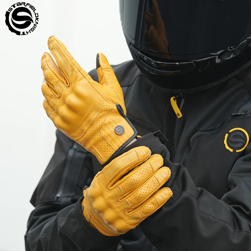 SFK Echtes Ziegenleder Retro Motorradhandschuhe Vollfinger Sommer Atmungsaktiv Knuckle Schutz Reiten Race Gears Zubehör Image