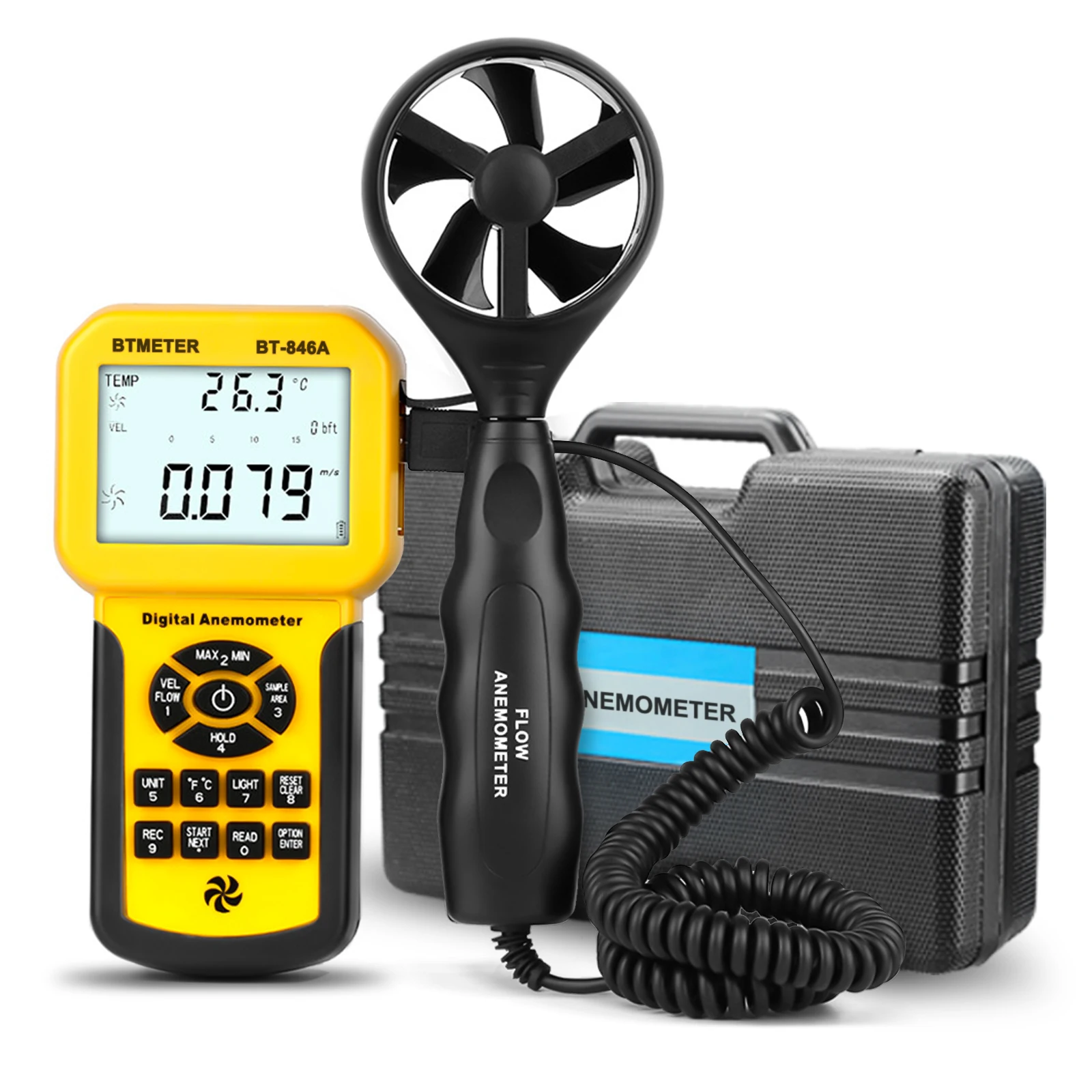 BTMETER 846A Pro HVAC-Anemometer misst Windgeschwindigkeit, Windfluss, Windtemperatur-Tester, CFM-Luftstromgeschwindigkeitsmesser mit Hintergrundbeleuchtung Image