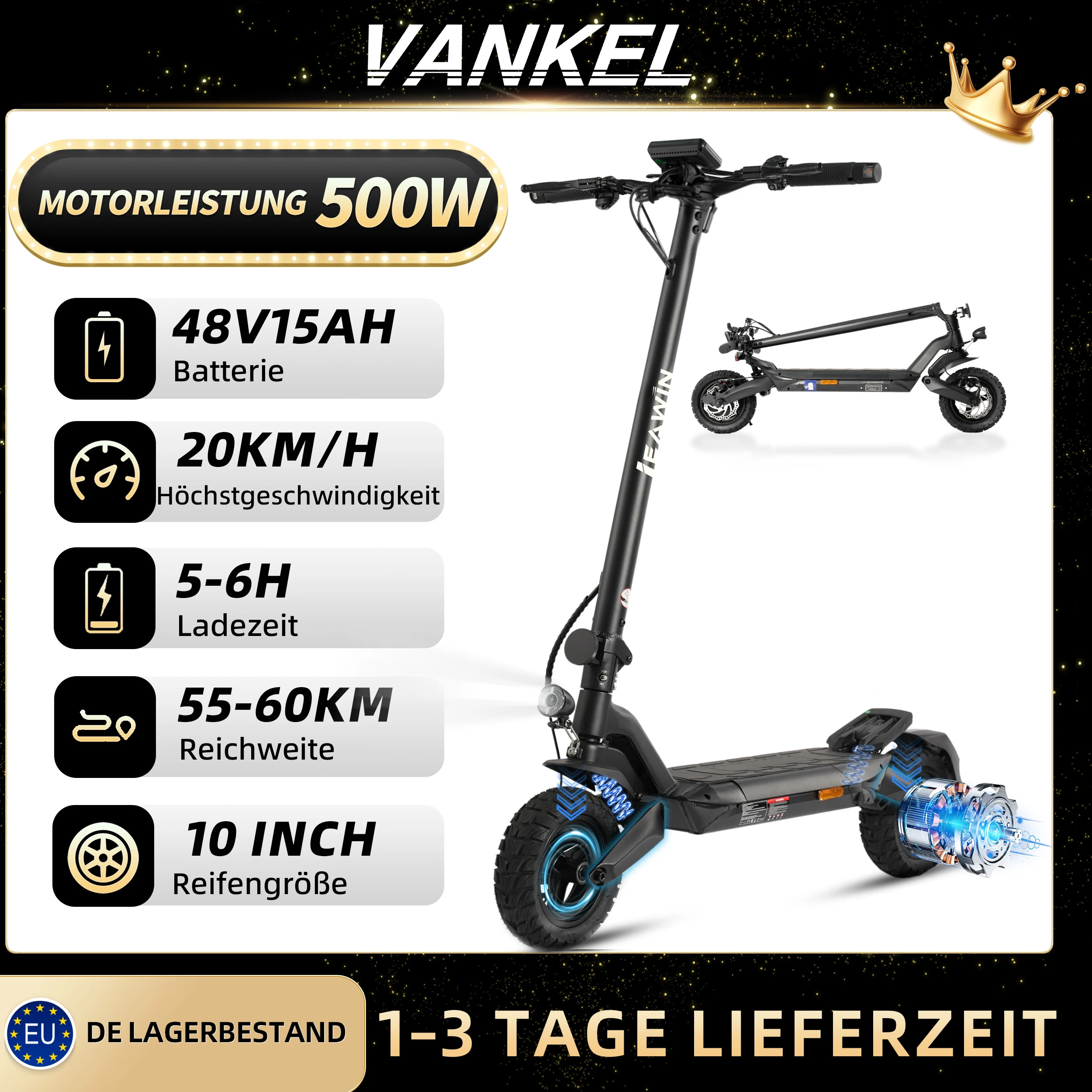 Vankel E-Scooter 10 Zoll mit ABE, 500W Motor, 48V 15Ah Akku, faltbarer Elektroroller mit Scheibenbremsen & Vollfederung, max. Belastung 120kg, Elektrofahrzeuge Image