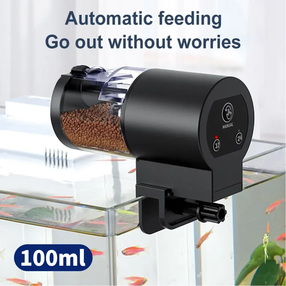Automatischer Fischfutterautomat mit Timer, IP66 wasserdicht, automatischer Fischbecken-Futterautomat, 100 ml Fassungsvermögen, Futterspender für Fische/Schildkröten Image
