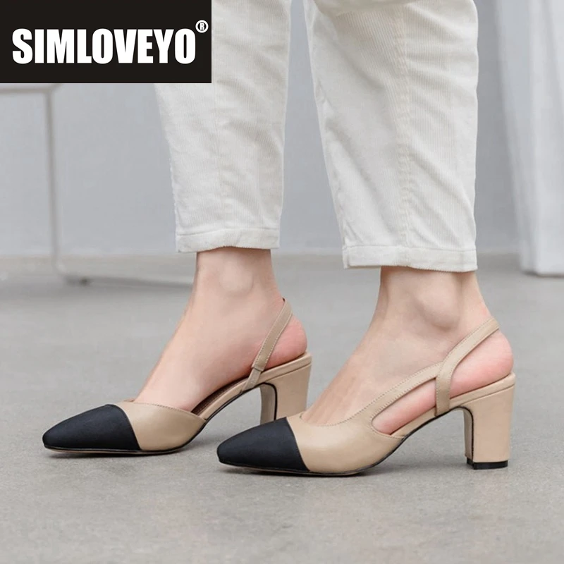 Große Größe 45 Frauen Sling backs Schuhe High Heels dicke High Heel Leder gemischte Farben Pumps Damen Image