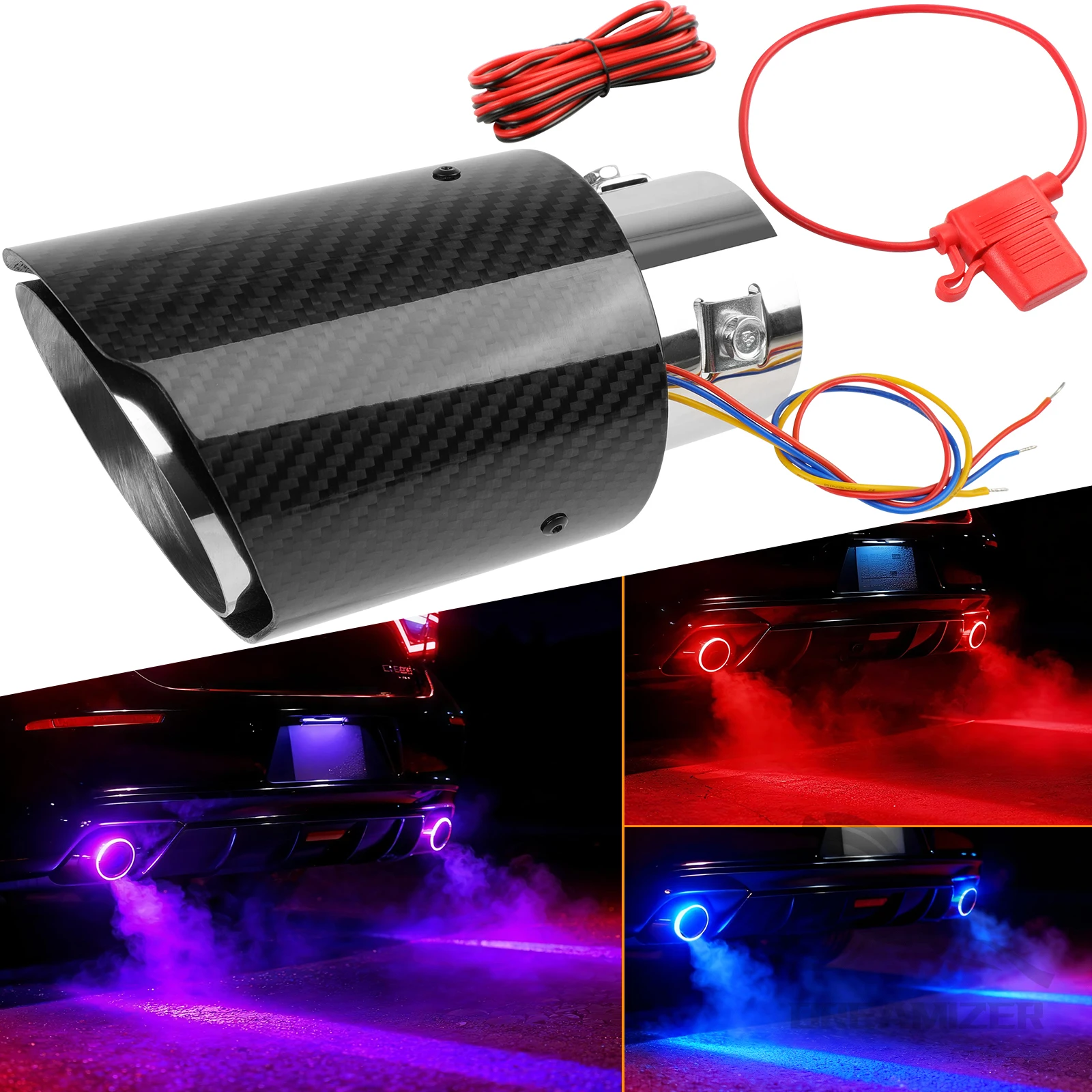 Universeller 2,5-Zoll-Einlass 3,5-Zoll-Auslass Auto-Tuning Auspuffrohr Spitfire Leuchtender Kohlefaser-Endschalldämpfer mit LED-Licht Image