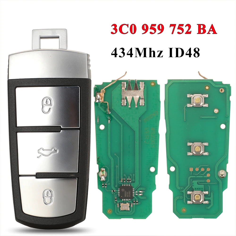Jingyuqin 3 Tasten Smart Remote Auto Schlüsselanhänger Für Volkswagen 3C0 959 752 BA 434 Mhz ID48 Chip fit VW Passat B6 3C B7 Magotan CC Image
