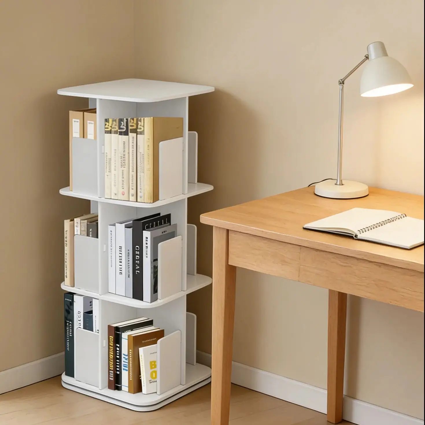 360 ° Rotierendes 3-stöckiges Desktop-Bücherregal, Bücherregal, modernes, stilvolles Design, 20 kg pro Stufe, großer Stauraum für die Buchorganisation Image