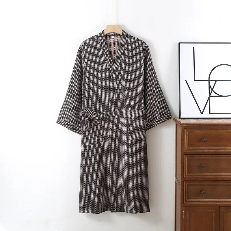 Plus Size Bademantel Herren Langer Stil Baumwolltuch Frühlings- und Sommermantel Herren Gestreifter Dampfender Home Bademantel für Herren Image