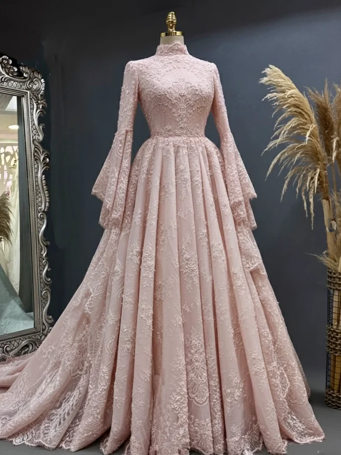 Luxuriöse Spitzen-Perlen Muslimische Abendkleider Hochgeschlossener Langarm-Kaftan Henna Nahost-Ballkleid Maßanfertigung Image