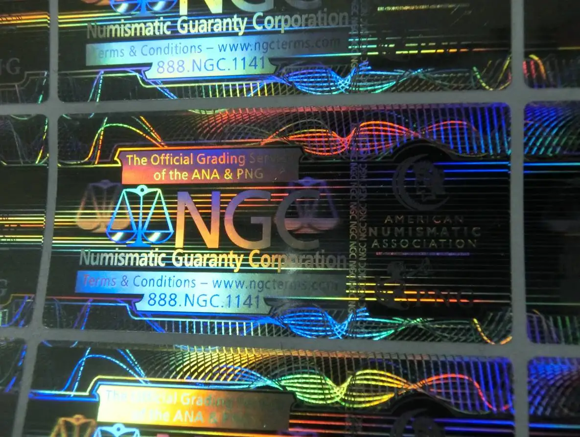 4 Stück neue hochwertige Hologramm-Sammlerstücke Münzhalter NGC Grading Münzbewertung Münzen reflektierende Aufkleber Image