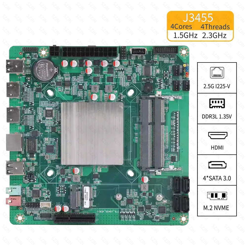 J3455 Mini-ITX Motherboard NAS-Set Unterstützt DDR3L 1,35V RAM 6*SATA3.0 M.2-NVME 2,5G RJ45 I226-V Stromsparendes Motherboard-Kit