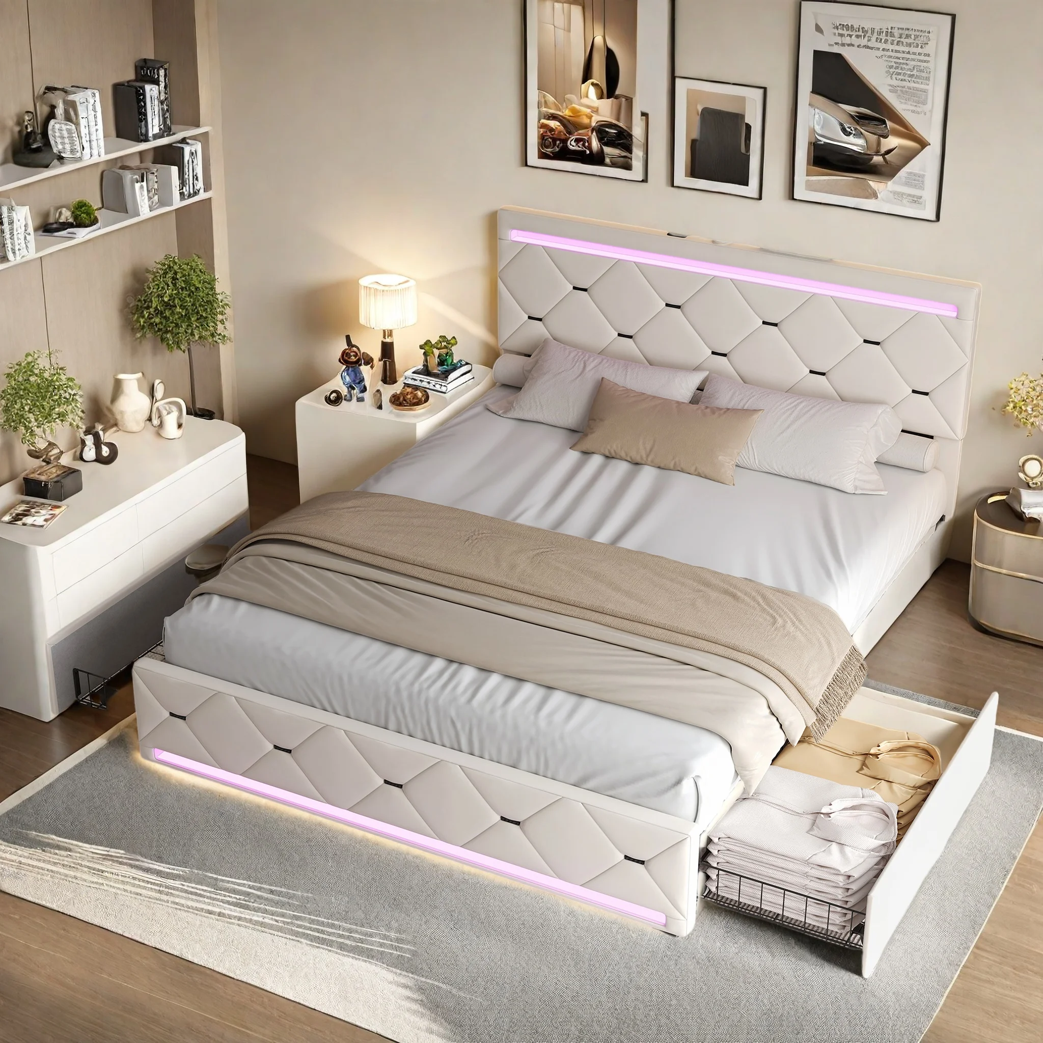 Anajqaqia 140×190/140×200/160×200 cm gepolstertes Doppelbett, mit LED-Beleuchtung und USB-Ladefunktion, 4 Schubladen und Lattenrost, Samt Image
