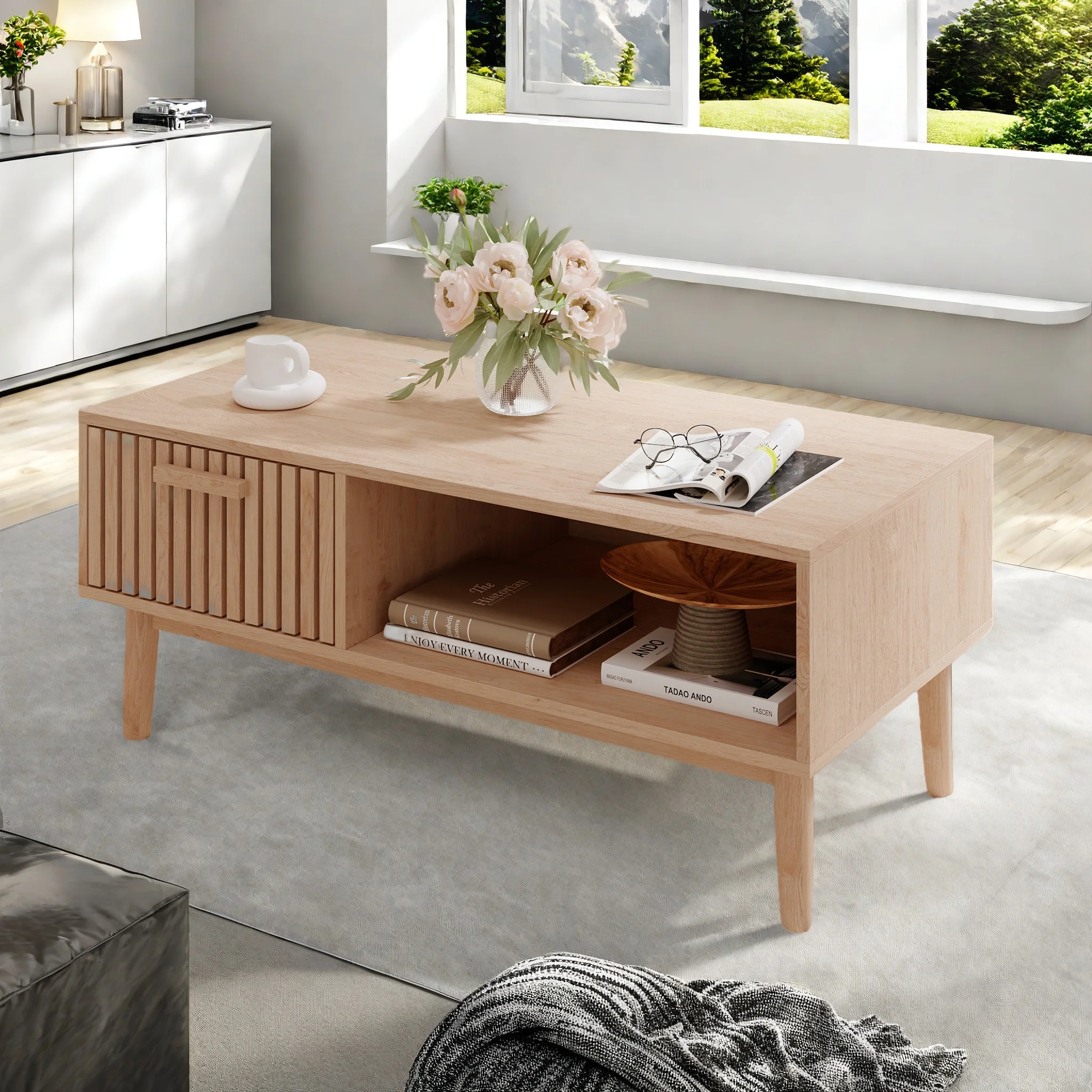 Comanlai Rattan Rechteckiger Sofatisch mit Schublade & Offenem Fach, Wohnzimmertisch für Couch, Retro Boho-Stil TV-Tisch