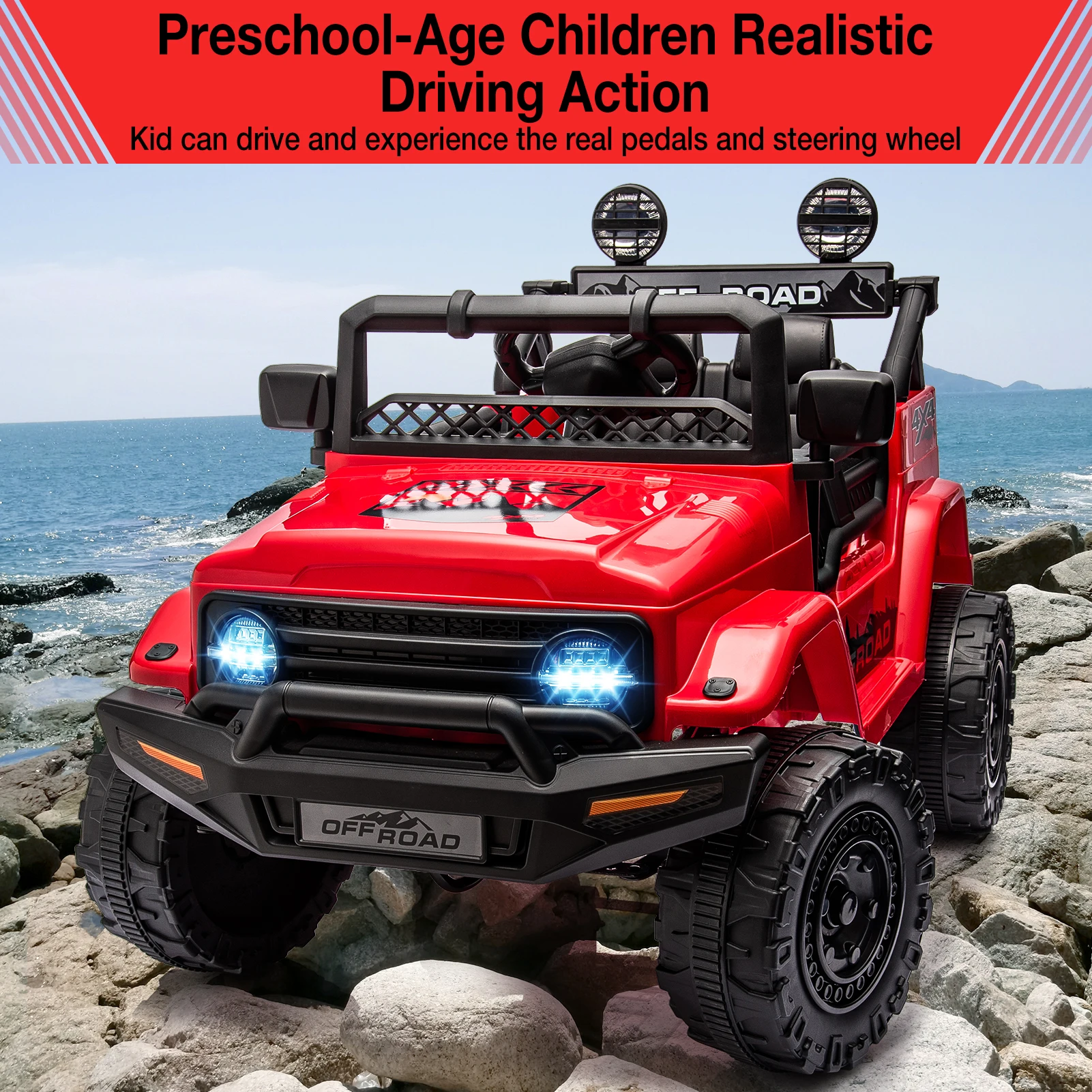 Elektroauto für Kinder mit Fernbedienung, 12-V-Auto zum Aufsitzen mit Sicherheitsgurt, Musik (MP3/USB/TF), LED-Licht, Kinder ab 3 Jahren Image