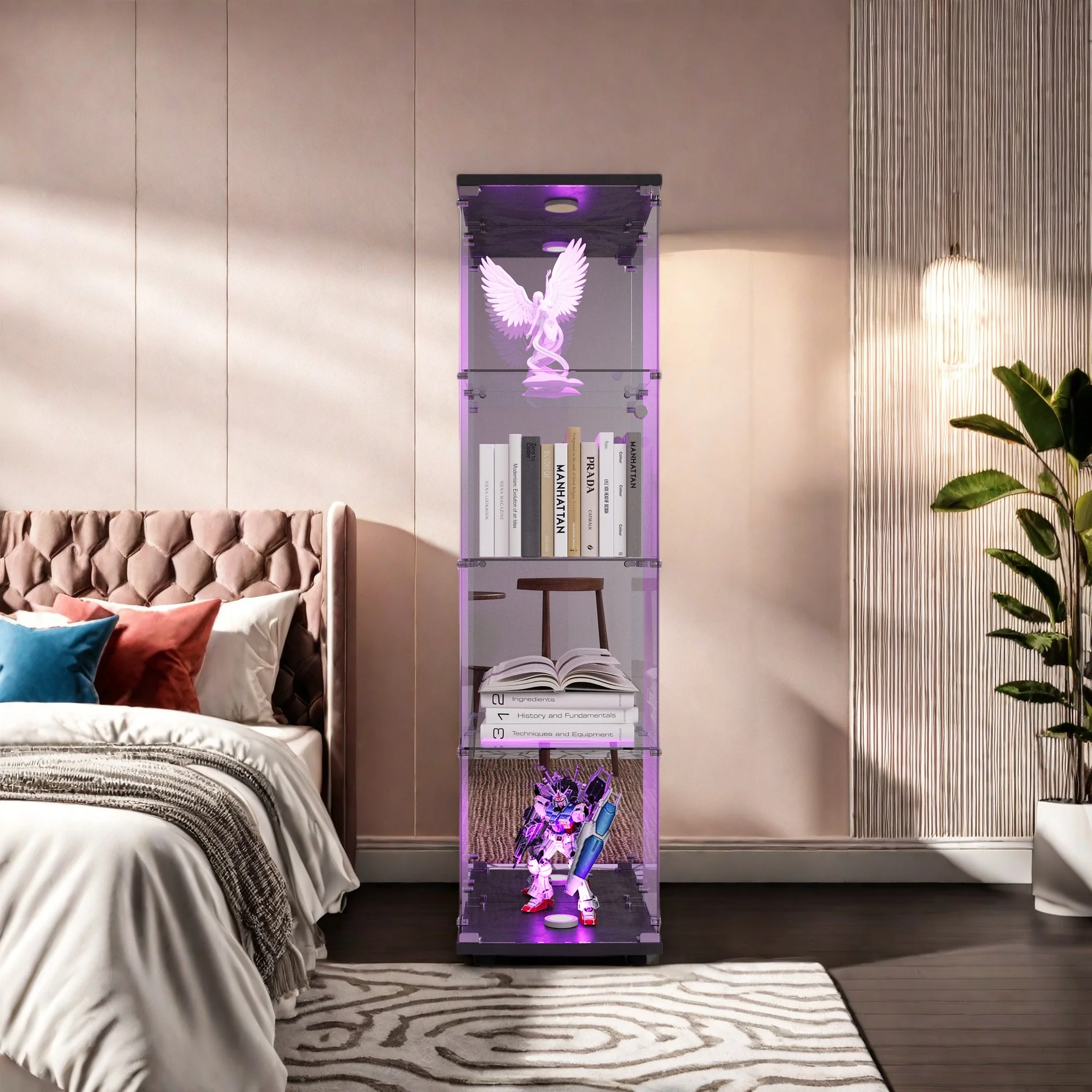 Glasvitrine mit LED Beleuchtung und Glastüren, Glasvitrine Stehend, 4 Lagen Glas Vitrine Sammlervitrine Vitrinenschrank, für Wohnzimmer, Bücher, Spielzimmer, Schwarz, 164x42.5x36.5cm