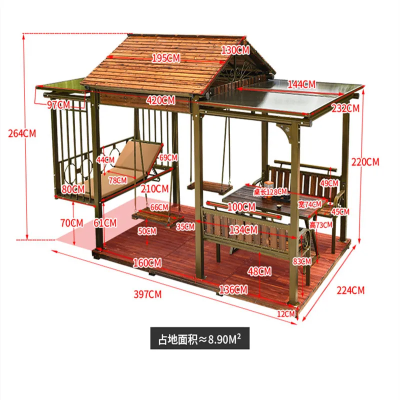 Pavillon im Freien, Freizeitschaukel, Liegebett, Innenhof, Garten, Massivholz-Terrasse, Villa, Innenhof, Schatten, Pavillon aus karbonisiertem Holz