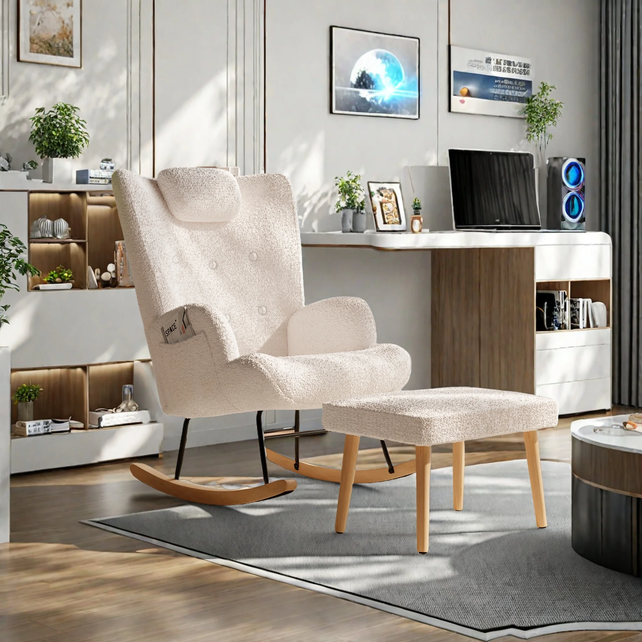 Anajqaqia Schaukelstuhl mit Hocker, Samt-Teddy-Schaukelstuhl mit Rückenlehne, Akzentstuhl für Schlafzimmer, Wohnzimmer, Weiß Image