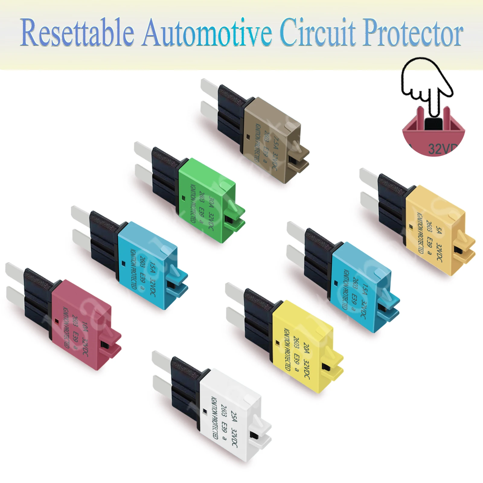 5er-Pack 32V Manuell Rücksetzbare Niederspannungs-Sicherungen ATC ATO 5A 7,5A 10A 15A 20A 25A 30A für Auto, Boot, Marine, Wohnmobil 12V/24V Image