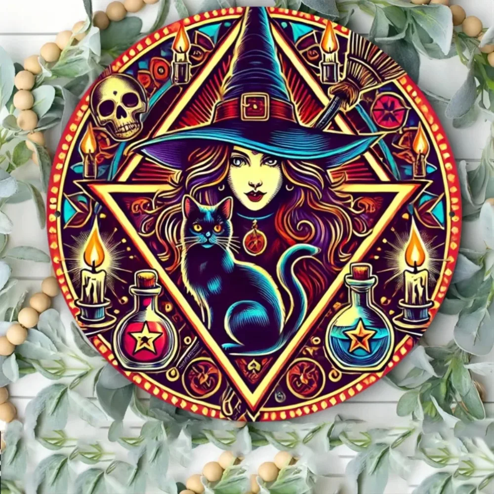 Vintage Hexenkatze Metallschild Halloween-Dekoration für Zuhause, Café, Garten Langlebige Wandplakette Image