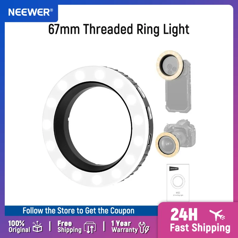 NEEWER Basics 67mm Ringlicht mit Gewinde für 67mm Handyhalterungen/-hüllen/-objektive, wiederaufladbares zweifarbiges LED-Selfie-Fotolicht Image