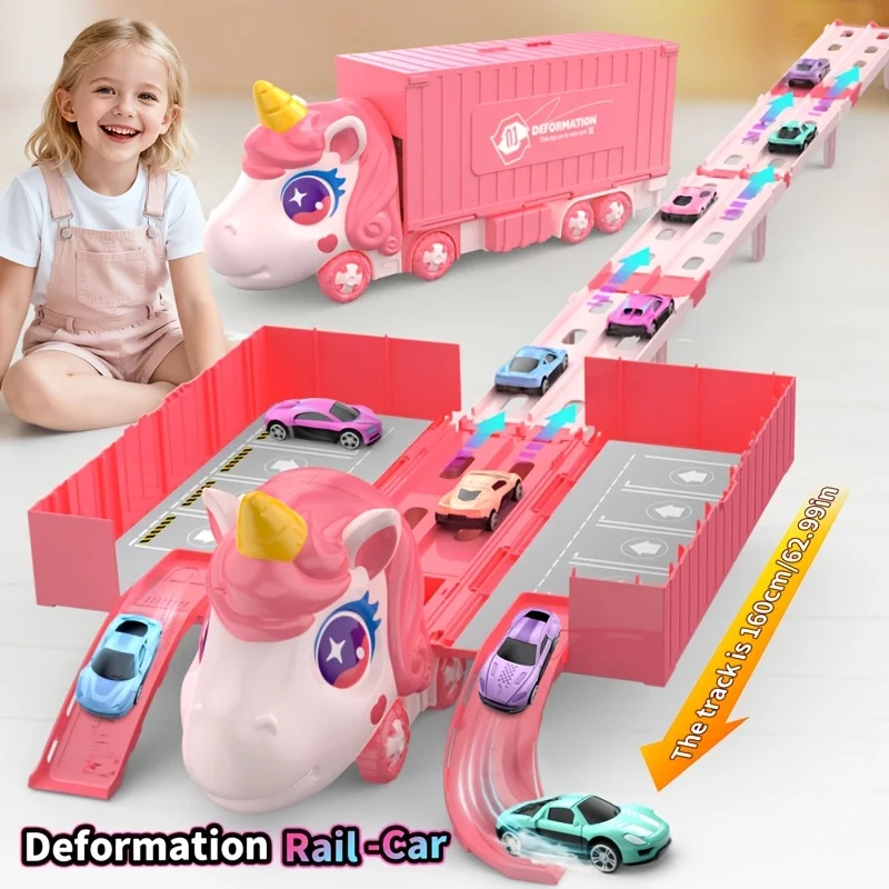 Transporter-LKW-Rennstrecke, Spielzeug für Jungen, faltbar, 3-lagig, Kleinkind-Spielset, Spielzeug-LKW, Transport-Rennwagen, Spielzeug für Kinder, Jungen, Mädchen Image