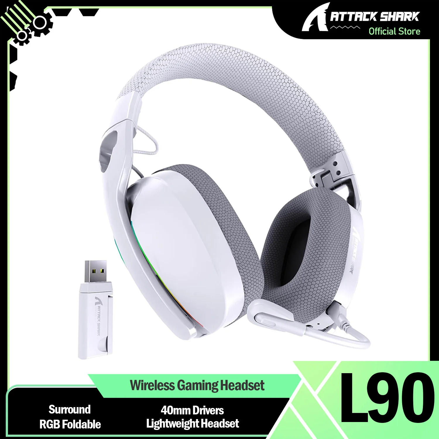 ATTACK SHARK L90 Ultraleichtes kabelloses Gaming-Headset, BT, 2,4 G, 3,5 mm verkabelt, RGB-faltbarer 7.2-Surround-Sound-Over-Ear-Ohrenschützer Image