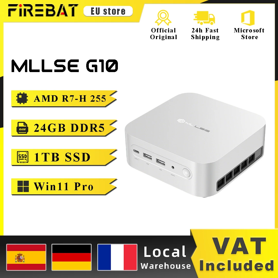 Mllse G10 Mini-PC Gaming AMD Ryzen 7 H 255 24GB DDR5 RAM 1TB SSD Windows 11 Pro Wi-Fi 6 BT5.2 USB4.0 Desktop Mini-Computer