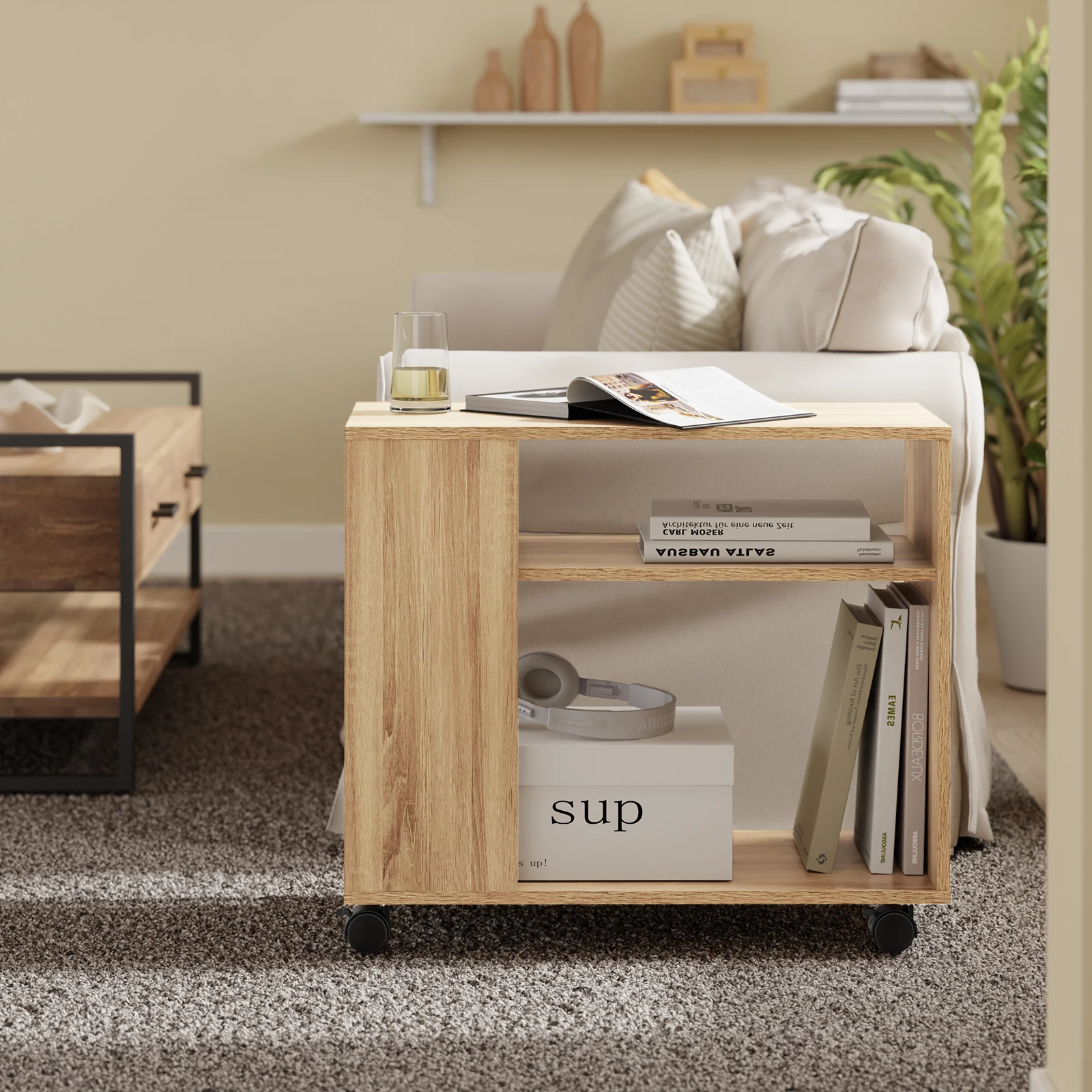 SoBuy FBT34-N Beistelltisch mit Rollen, 2-stufiger Rollender Beistelltisch mit Ablagefächern für Wohnzimmer Büro 70x35x60CM Image