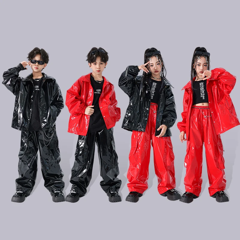 Teenager Jungen Hip-Hop-Tanzkostüm Jazz-Tanzkleidung Mädchen Lockerer Rot-Schwarzer Lederanzug Mantel Hose Performance-Kleidung BL14132