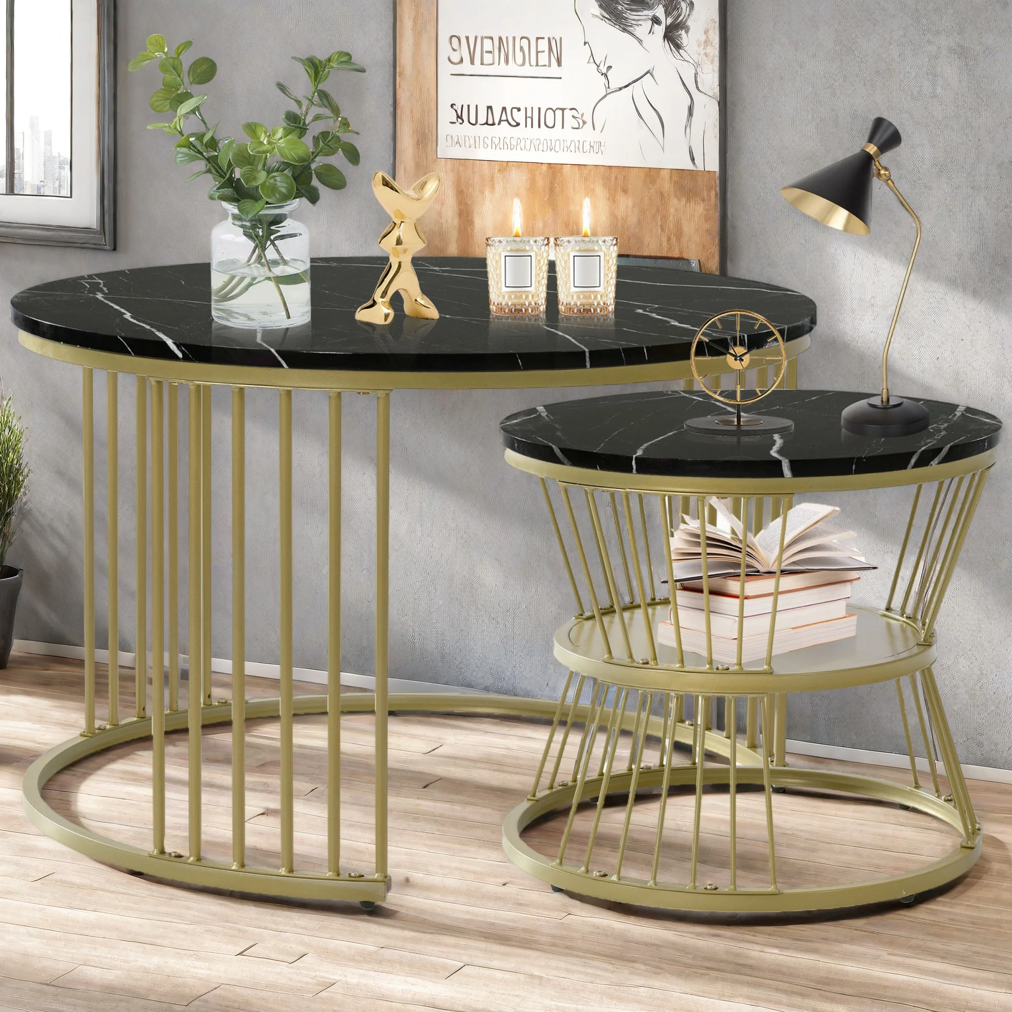 Superaly Runder Couchtisch, 2er-Set, Sofatisch, Metallgestell, Marmorfurnier, Satztisch mit offenem Regal, Schwarz Image