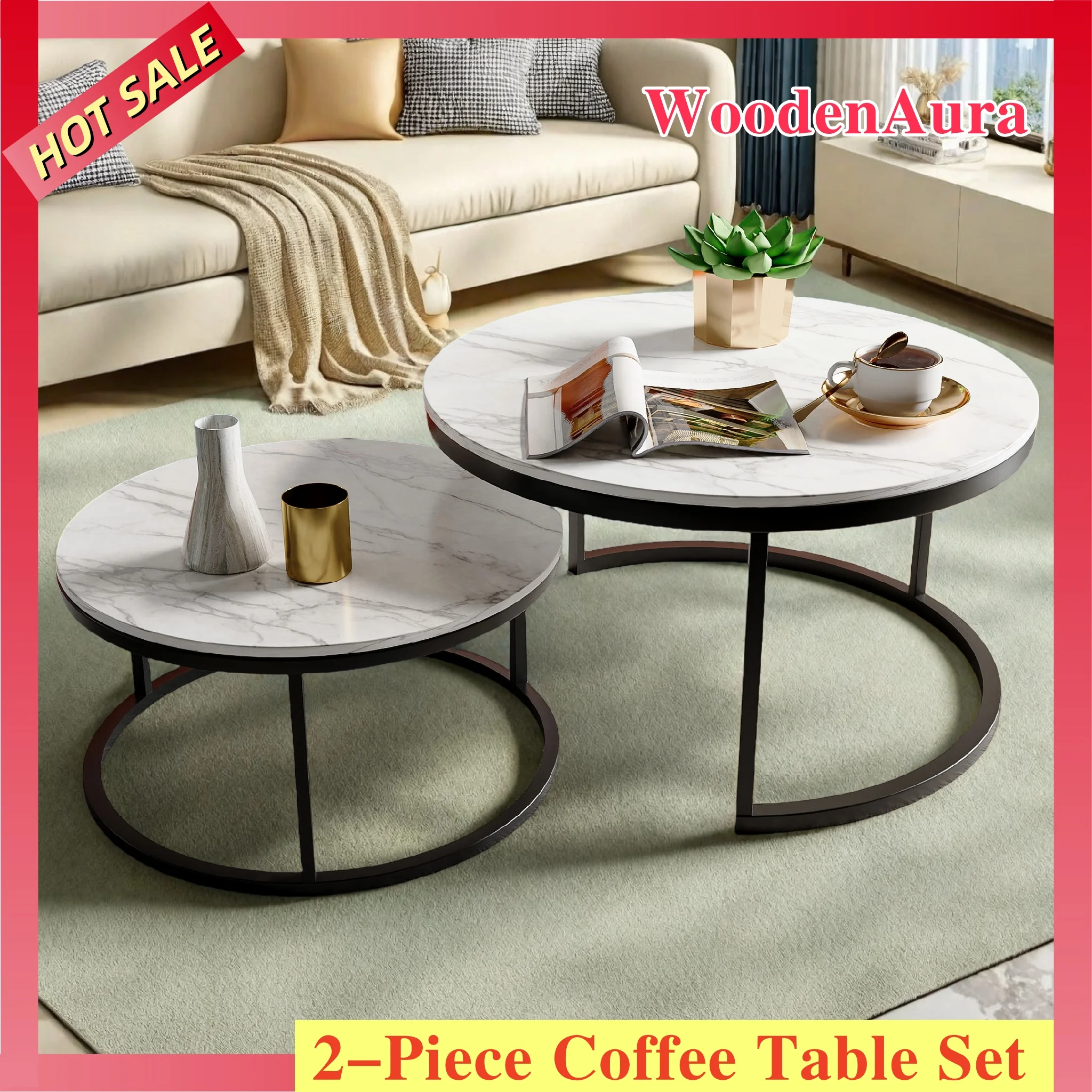 WoodenAura 2-teiliges Couchtisch-Set mit Aufbewahrungs-Beistelltisch, Metallrahmen, runder Couchtisch, Wohnzimmer-Couchtisch, Schwarz