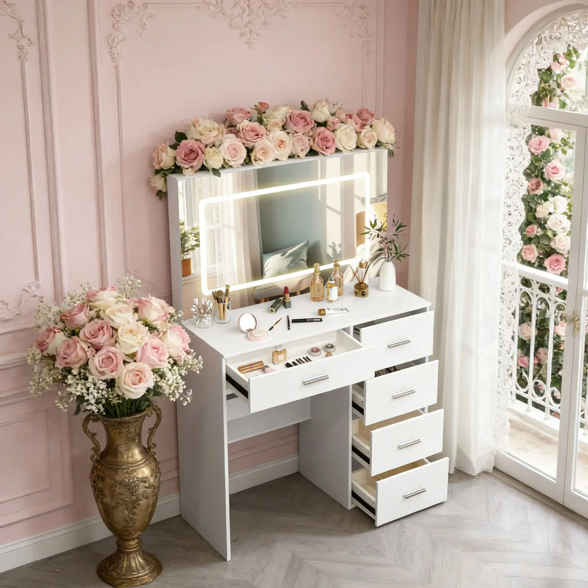 Teousev Weißer Moderner Schminktisch mit Hollywood-LED-Leuchten, Großem Spiegel, 5 Schubladen, 3 Farbtemperaturen Dimmbar, Einfache Montage, Schlafzimmer-Kommode