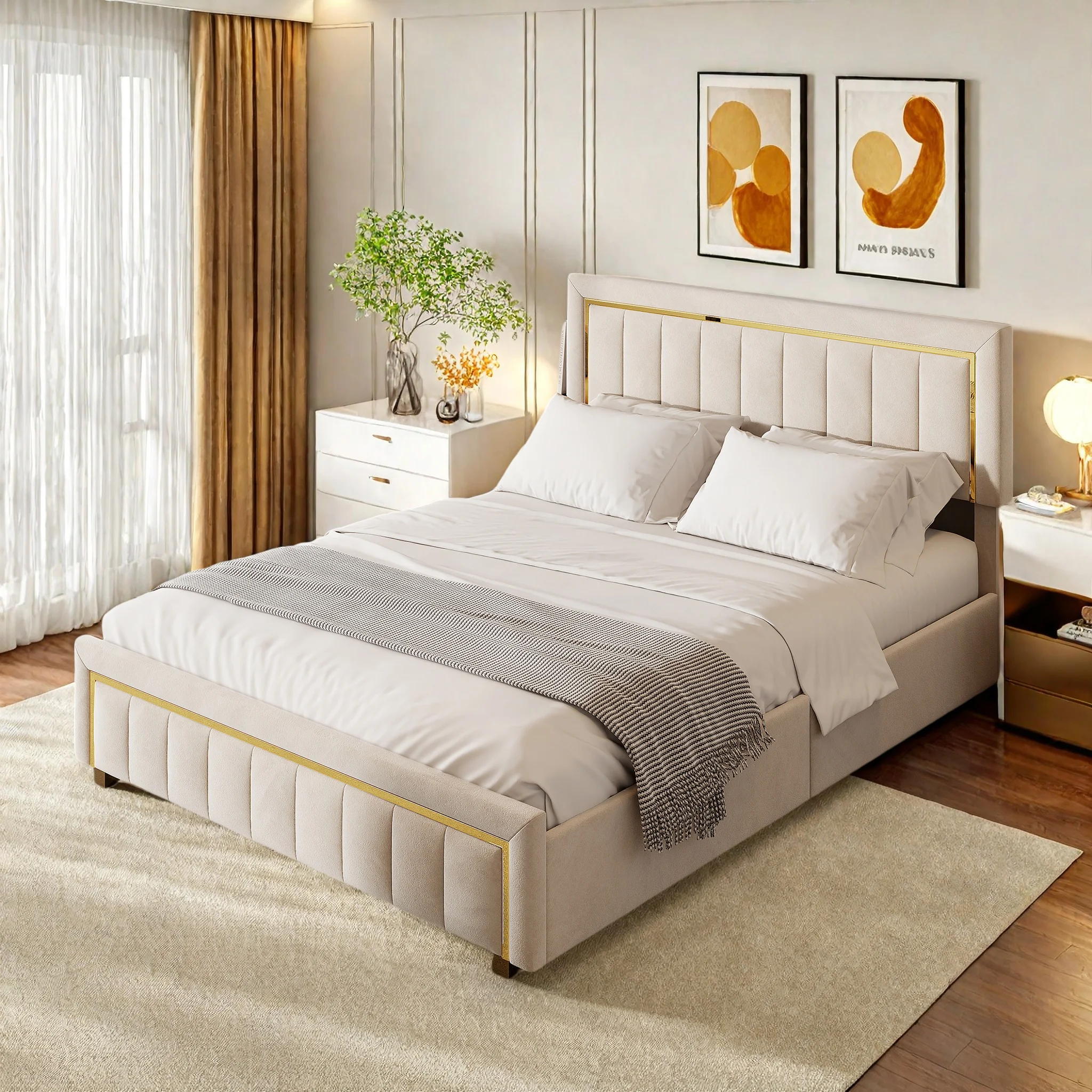 Comanlai 140x200cm Polsterbett, Hydraulisches Bett mit Stauraum und Vertikalen Streifen, Goldverzierte Kanten, Samt, Cremeweiß Image