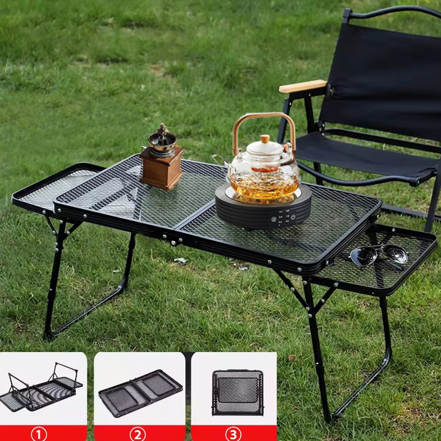 Tragbarer Campingtisch aus Aluminiumlegierung, faltbarer Esstisch mit Eisengitter, tragbarer Outdoor-Camping-Klapptisch