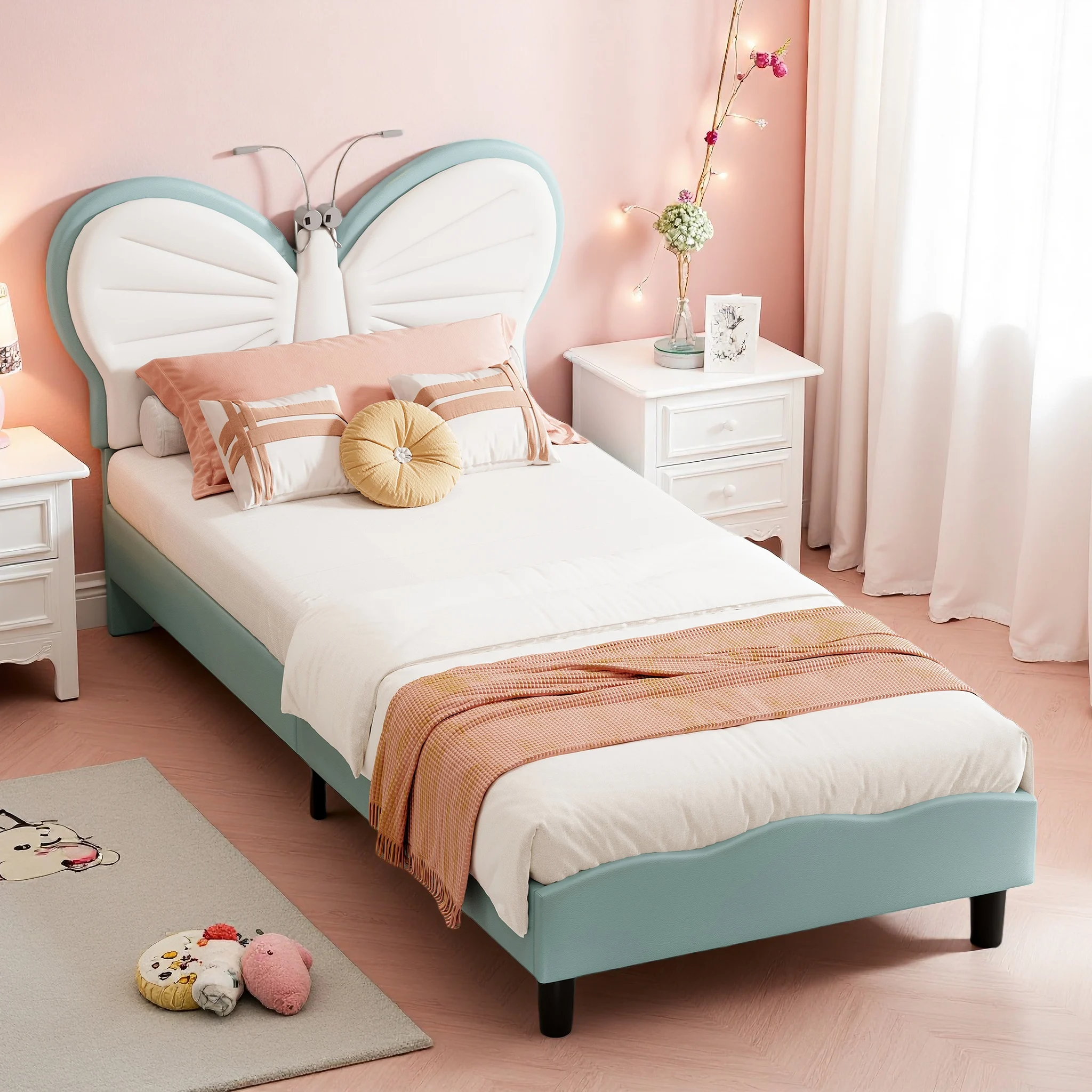 Superaly 90x200 cm großes Einzelbett, Kinderbett, rosa Prinzessinnenbett, schmetterlingsförmiges Kopfteil, mit LED-Leselampe am Bett. Image