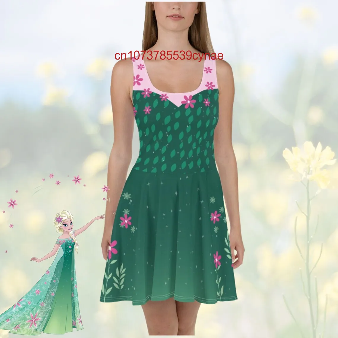 Damen Disney Frozen Fever Elsa Kleid Cosplay Bounding Laufkleid Grün