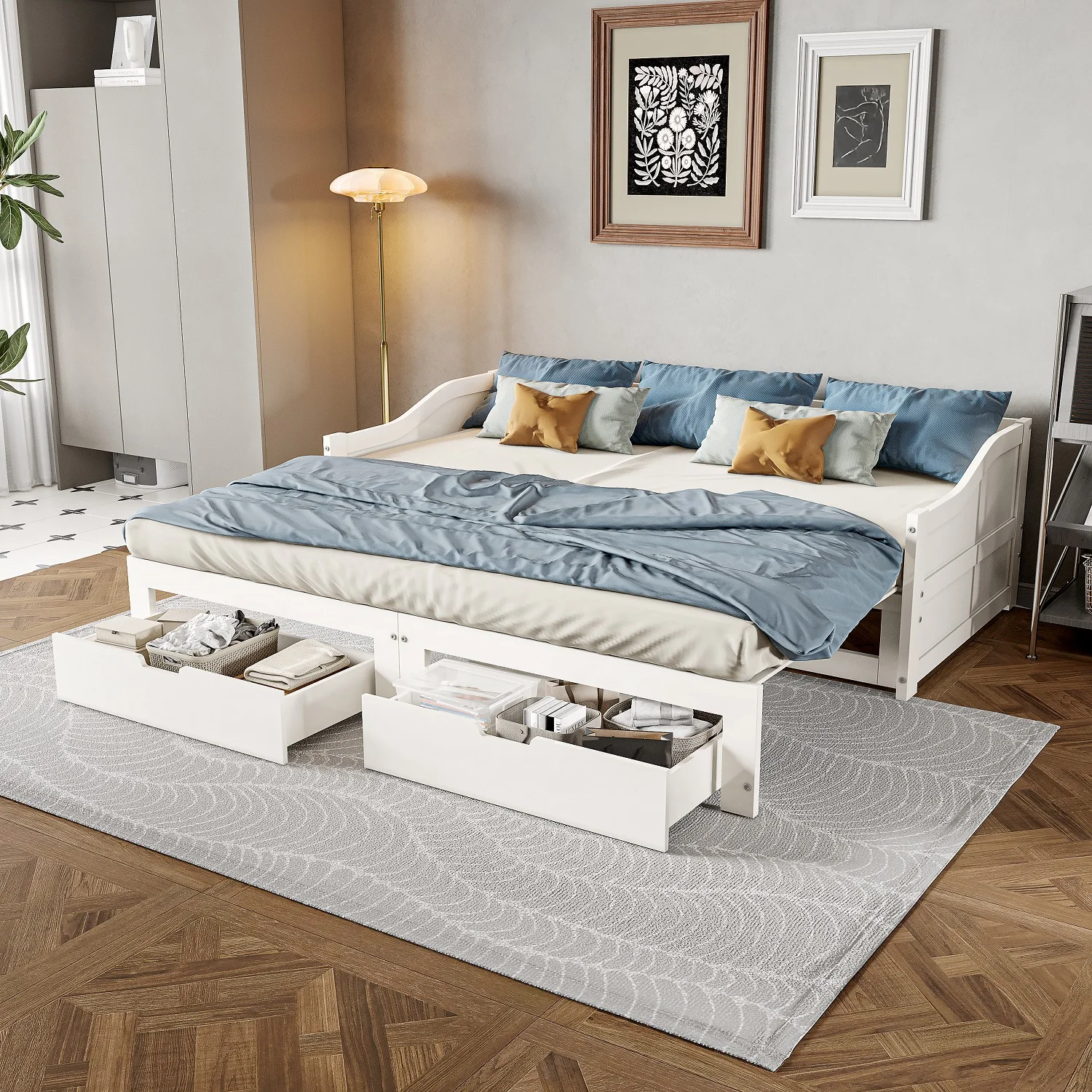 Rosahqnda 2-in-1-Schlafsofa mit Schubladen, 90/180 x 200 cm, Ausziehsofa mit MDF-Lattenrost und Stauraum, ohne Matratze Image