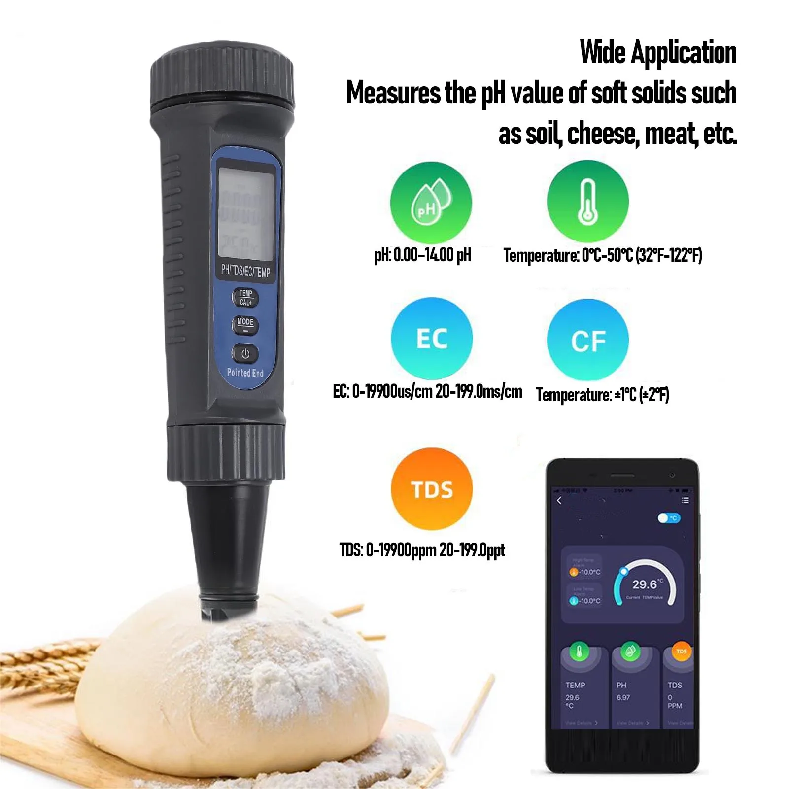 PH EC Temp Tester 4-in-1 PH Meter Hohe Genauigkeit PH EC Temp Tester für Lebensmittel Käse Obst Gemüse Boden Fleisch Image