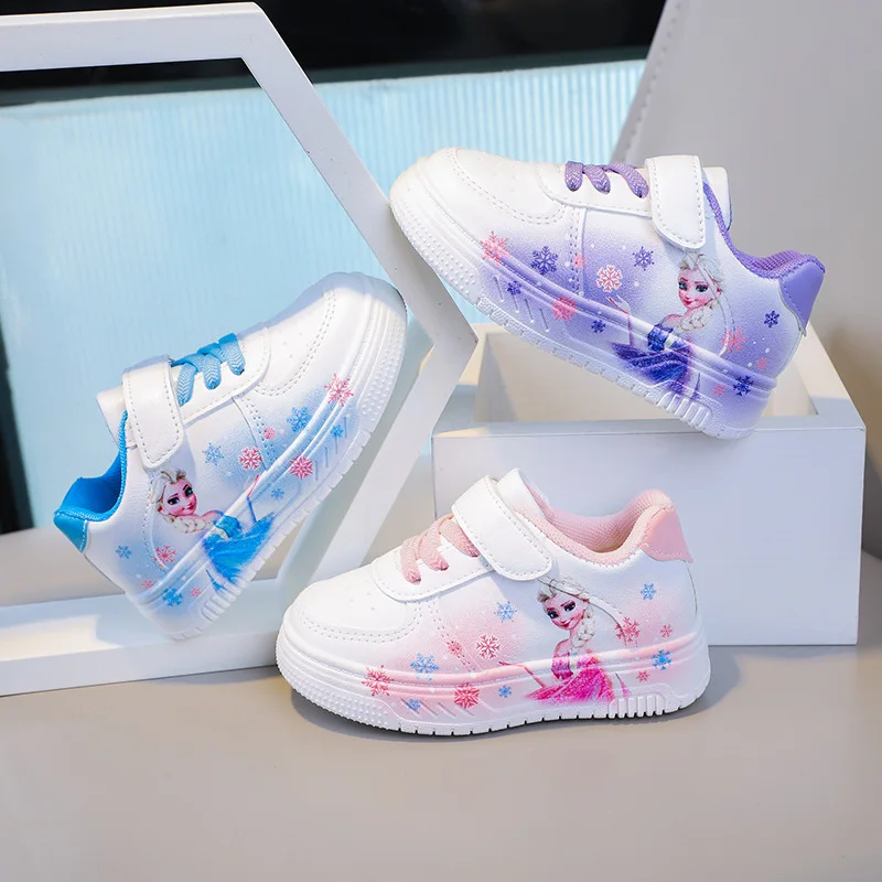 Weiße Schuhe für Mädchen von Disney, PU-Leder, Cartoon-Prinzessin, Elsa, Frozen-Schuhe, Frühling, Mädchen, Baby, wasserdichte Sportschuhe, flache Schuhe, Größe