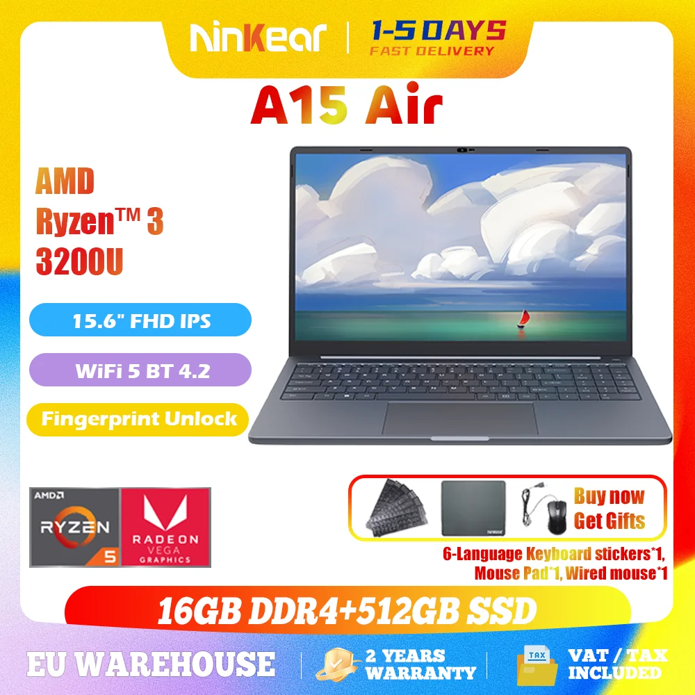 Ninkear A15 Air 2025 Laptop 15,6 Zoll FHD IPS Bildschirm AMD Ryzen 3 3200U 16GB DDR4+512GB SSD WiFi 5 BT 4.2 Getesteter Hochwertiger PC Image