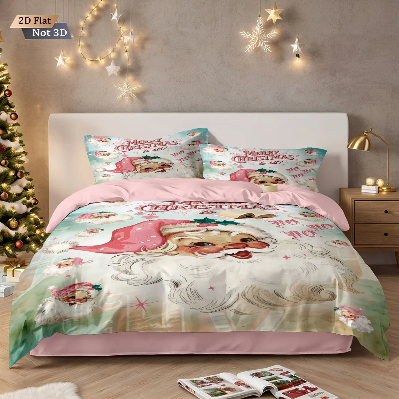 3 Stück Frohe Weihnachten, rosa Weihnachtsmann, bedruckt, Chipless-Bettwäsche-Set, verschiedene Größen, Schlafzimmer-Bettwäsche, Dekoration, maschinenwaschbar Image