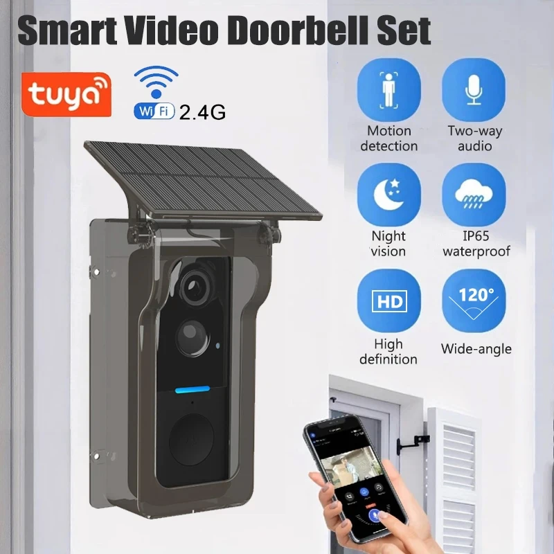Tuya WiFi Türklingel mit Solar Regen Abdeckung Drahtlose Video Türklingel Kamera PIR Bewegungserkennung Outdoor Türklingel Video Intercom Image